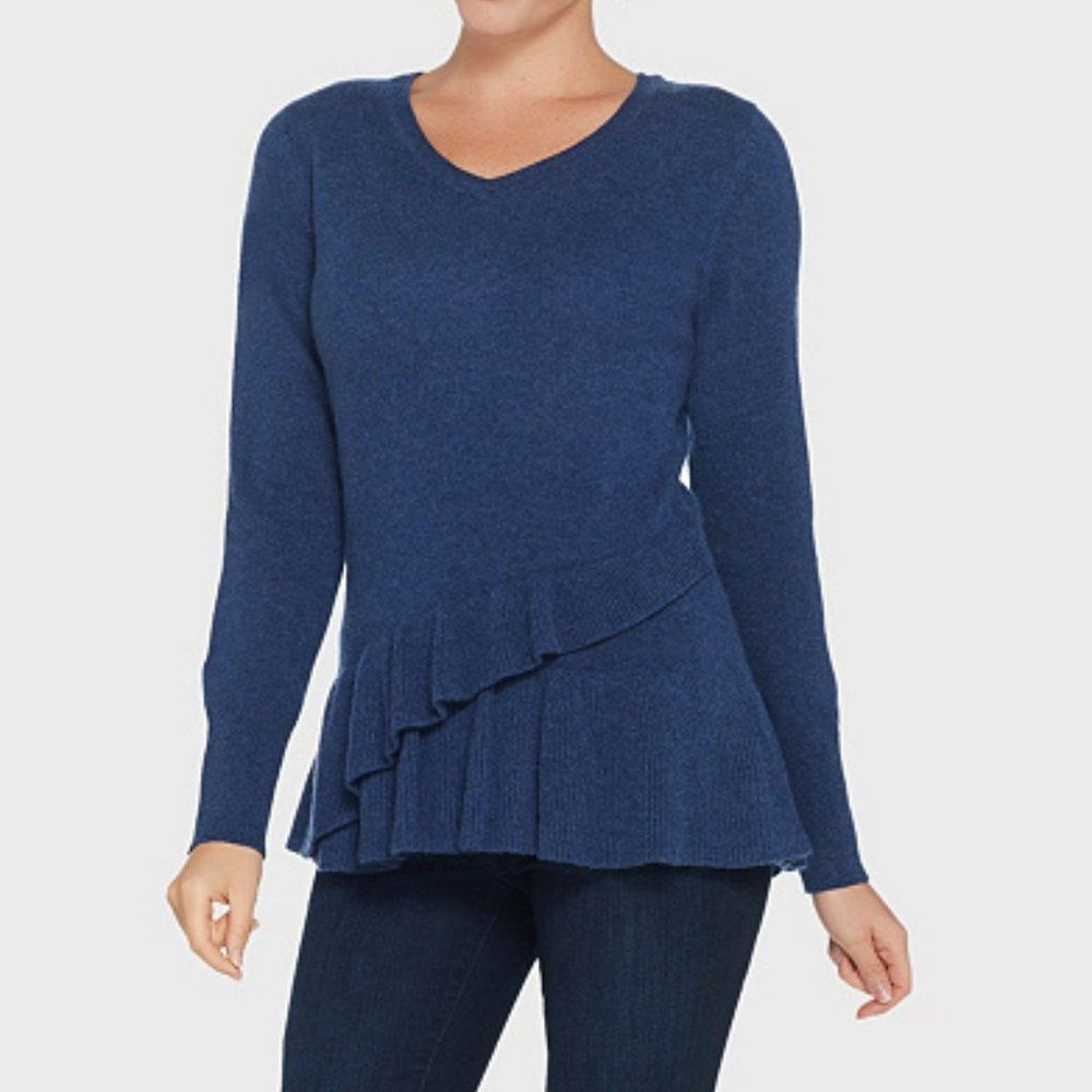 S 100% Cashmere Blue Ruffle Sweater Isaac Mizrahi Live! Pullover V Neck